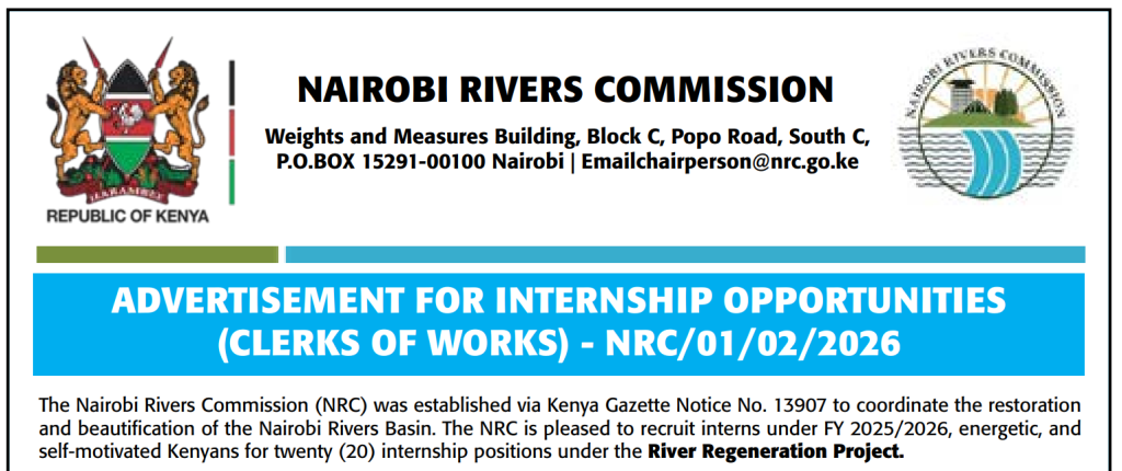 The Nairobi Rivers Commission (NRC) is Hiring Clerk of Works Interns (20 Positions)