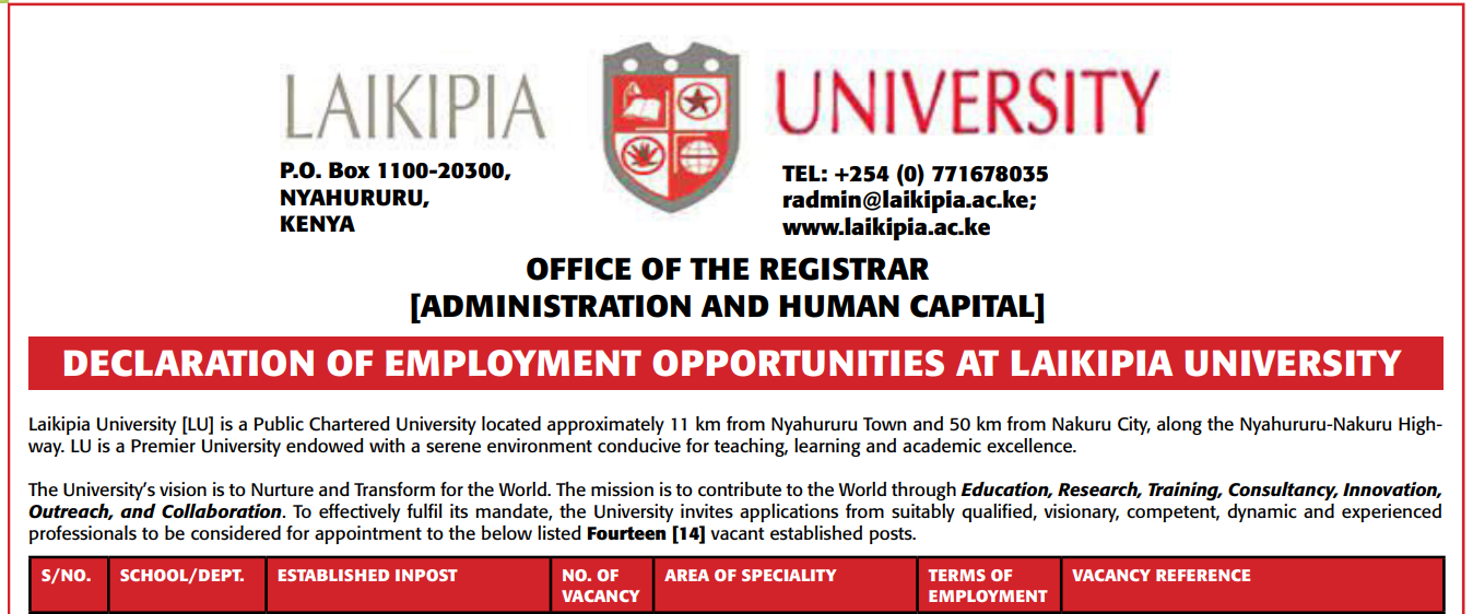 Laikipia University Announces 2026 Recruitment: 14 Academic & Non-Academic Positions; How to Apply