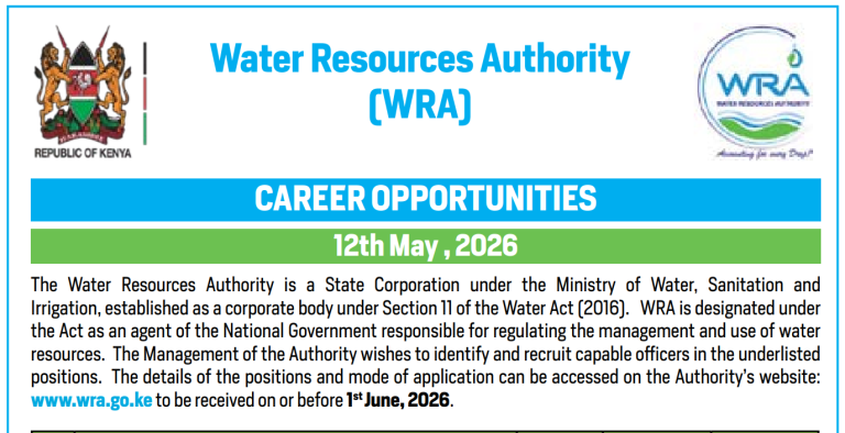 Water Resources Authority Opens Massive State Corporation Recruitment Drive (70+ Vacancies); How to Apply